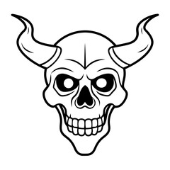 Vintage demon skull with horns line art vector illustration