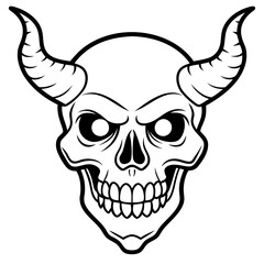 Vintage demon skull with horns line art vector illustration