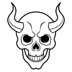 Vintage demon skull with horns line art vector illustration