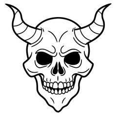 Vintage demon skull with horns line art vector illustration