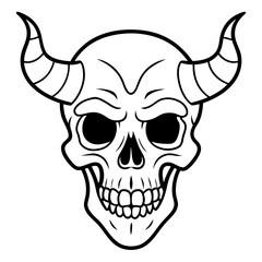 Vintage demon skull with horns line art vector illustration