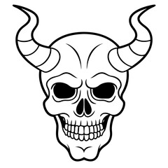 Vintage demon skull with horns line art vector illustration