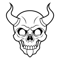 Vintage demon skull with horns line art vector illustration