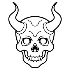 Vintage demon skull with horns line art vector illustration