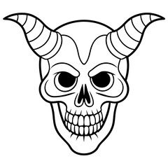 Vintage demon skull with horns line art vector illustration