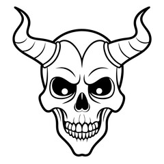 Vintage demon skull with horns line art vector illustration