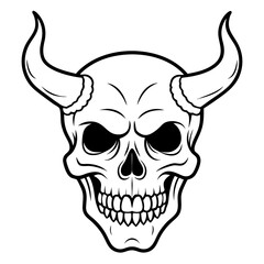 Vintage demon skull with horns line art vector illustration