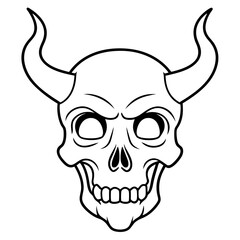 Vintage demon skull with horns line art vector illustration