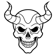 Vintage demon skull with horns line art vector illustration