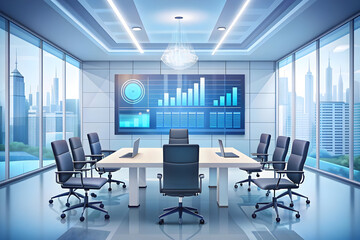 Smart Business Meeting with AI Technology in Modern Corporate Environment - Flat Vector Illustration of Futuristic Conference Room with AI Charts and Graphs on Transparent Screens, Reflecting Collabor