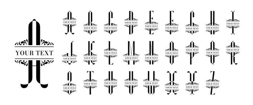 Split monogram. Retro initial capital letters with ornate text frame, geometric emblem alphabet font. Modern typography decorative elements vector set.