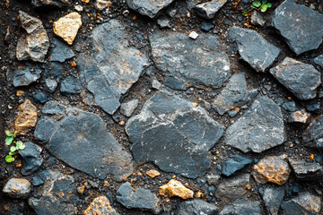 Rough Stone Path: A close-up of a textured, uneven stone path with earthy tones, featuring a mix of black and brown stone. The rough surface suggests a natural, rugged path. A single blade of grass pe