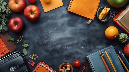 A seamless pattern of colorful planners, sticky notes, and pencil cases, arranged in a dynamic and organized layout, with subtle shadows and a dark chalkboard background, hd quality,