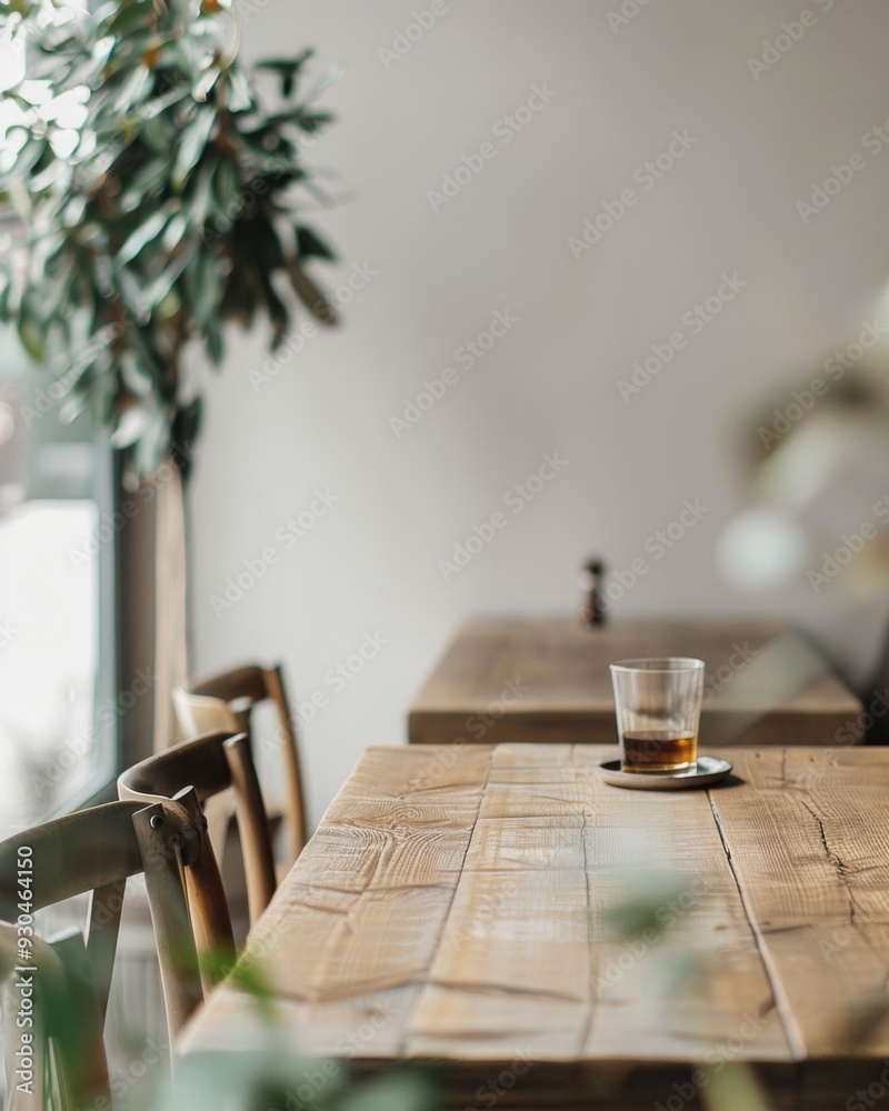Poster serene indoor setting with soft beige wooden table for product display, featuring cozy ambient light