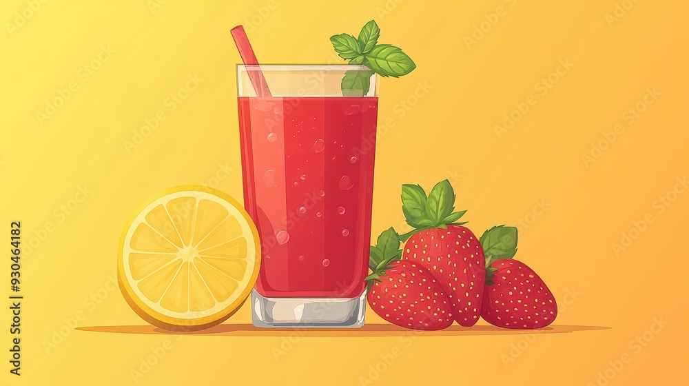 Sticker Strawberry Lemonade with Fresh Fruits and Mint Leaves