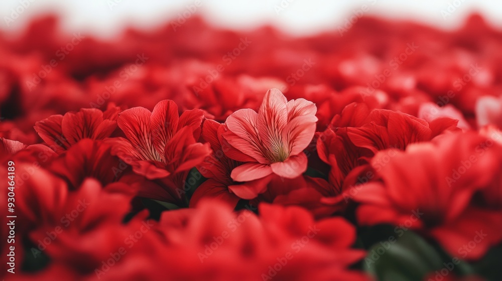 Poster Aerial View of Red Alstroemerias Creating Symmetrical Geometric Pattern with Soft Bright Lighting and Intricate Floral Design