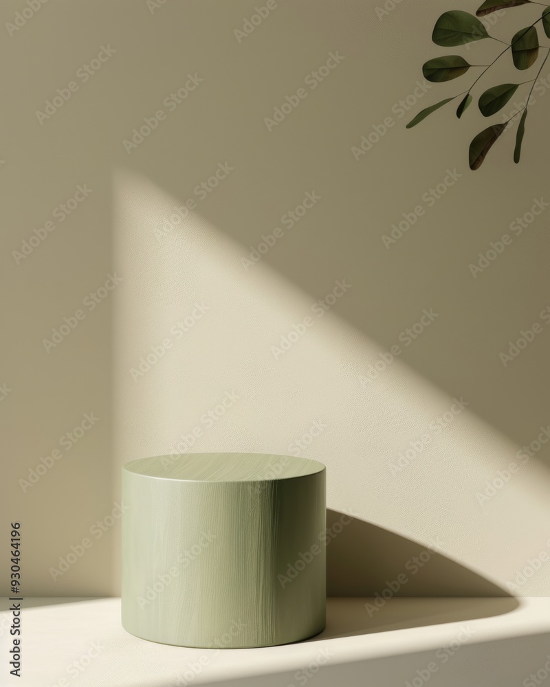 Aufkleber minimalist green podium on soft beige background with diffused natural lighting and subtle shadows s