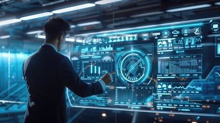 Businessman in a suit interacts with futuristic digital interface displays with data and charts. Concepts of technology, data analytics, and modern business solutions.