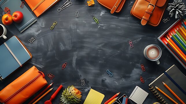 A seamless pattern of colorful planners, sticky notes, and pencil cases, arranged in a dynamic and overlapping layout, with sharp details and soft shadows on a dark chalkboard surface, hd quality,