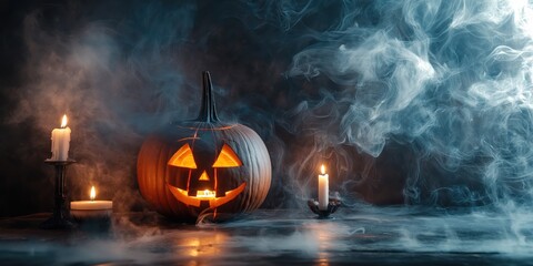 Fototapeta premium Spooky Halloween Pumpkin with Candles created by ai