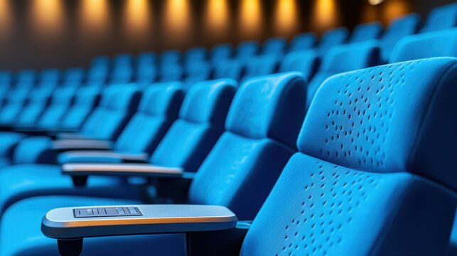 Vibrant blue theater seats in a modern cinema, highlighting comfortable design and inviting ambiance for movie-goers.