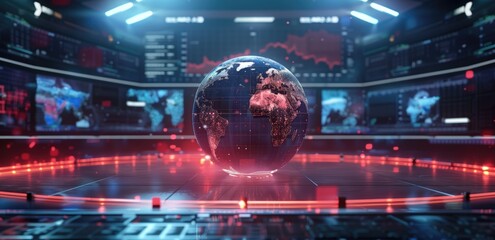 Digital globe in futuristic control room with financial data and glowing red elements. Visual representation of global finance, technology, and advanced analytics.