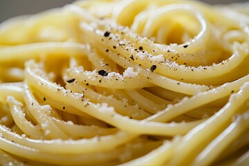 Closeup of delicious spaghetti alla gricia, a traditiona recipe of pasta with guanciale, pecorino and black pepper of roman cuisine, italian pasta, european food. Generative ai