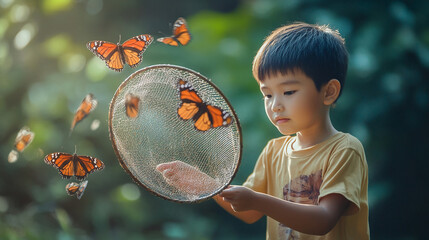 Asian child catching butterflies in a net