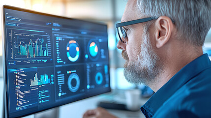 a data scientist making data-driven decisions with the help of a detailed analytics dashboard, featuring various metrics and performance indicators