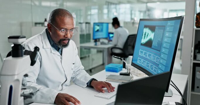 Black man, research or microscope in lab, laptop and medicine for healthcare study or biotechnology. Equipment, or scientist computer screen for cure, life extension breakthrough or dna testing