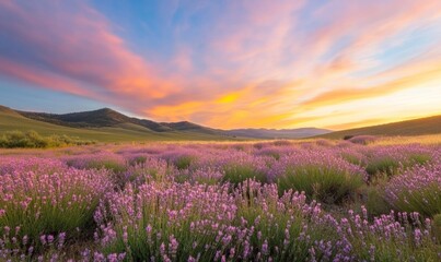 Obraz premium Enchanting Sunset Over Lavender Fields on Rolling Hills Breathtaking Evening Landscape with Vibrant Colors and Serene Atmosphere