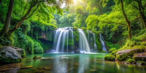 Naklejka premium Serene waterfall flowing through lush green forest creating a tranquil and peaceful atmosphere