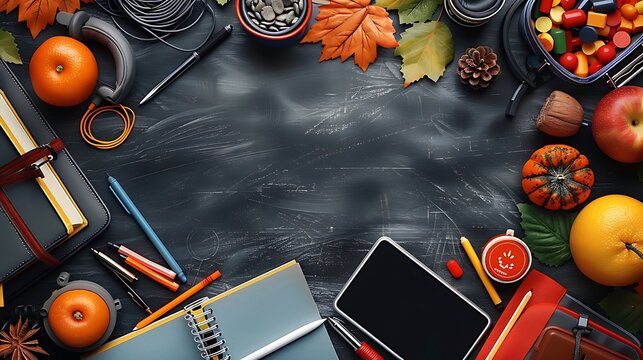 A seamless pattern of digital learning tools including tablets, headphones, and styluses, arranged in a flowing and dynamic design, with bright colors and clean lines on a dark chalkboard background,