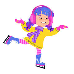 Happy girl skating. Winter outdoor activity. Hand-drawn flat vector illustration.