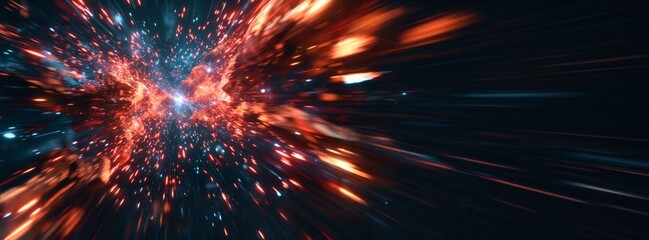 Fototapeta premium Bright Cosmic Explosion with Red and Blue Particles in Space