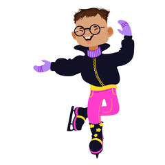 Happy boy skating on Ice. Winter outdoor activity. Child in bright winter clothes. Cartoon kid isolated on a white background. Hand-drawn flat vector illustration.