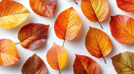 Fototapeta premium Delicate golden brown and sage green autumn leaves with tiny apples on a white backdrop. Minimalistic, high resolution, clear sharp focus, hyper-detailed. 