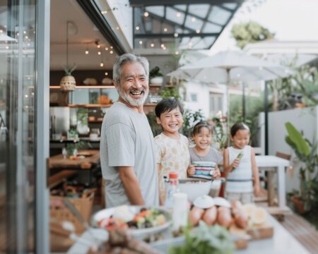 Asian Family of Four Experiences Skimpflation During Evening Backyard BBQ, Expressing Disappointment Over Low-Quality Sausages, Summer Day, Candid, Casual Attire, Realistic Depiction of Product Declin