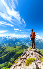 Hiker stands atop a rocky peak, gazing over vast green valleys and majestic mountains under a clear blue sky.