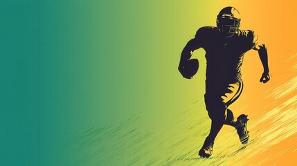 A silhouette of a football player running with a ball against a colorful gradient background.