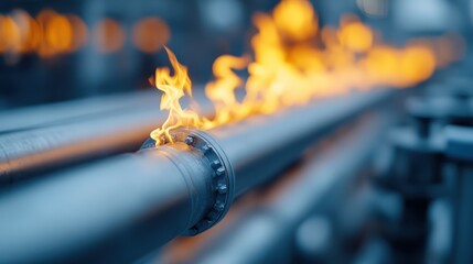 Flames erupt from metal pipes in an industrial setting, highlighting the potential danger and need for caution in such environments. High-stakes safety measures are crucial.