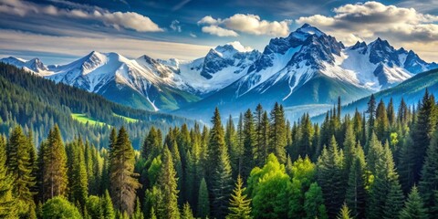 Mountain landscape with snow-capped peaks and dense pine forests