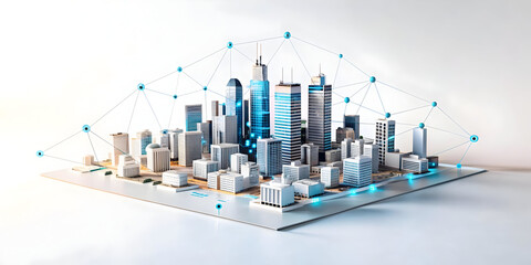 Flat AI-Powered Smart City Vector Concept with Digital Connections and Network Patterns - Modern Minimalistic Urban Planning Design on White Background - Simple Flat Vector Illustration in Smart Busin