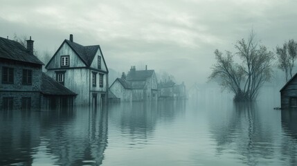 Fototapeta premium A serene yet haunting landscape of flooded houses surrounded by mist, evoking a sense of stillness and isolation.