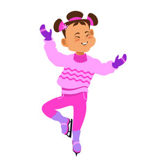 Happy girl skating on Ice. Winter outdoor activity. Child in bright winter clothes. Cartoon kid isolated on a white background. Hand-drawn flat vector illustration.