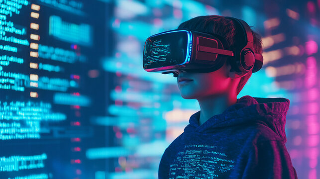 Boy with VR headset coding AI code assistants help error-check existing code and generate new code from text prompts