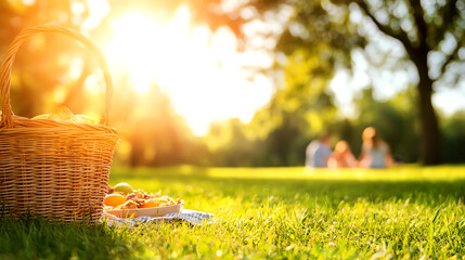 Sunlit picnic scene with a woven basket on the green grass, perfect for outdoor gatherings and sunny days in nature.