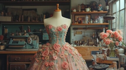 An intricately designed floral dress displayed on a mannequin in the midst of a well-equipped sewing atelier, surrounded by various tailoring tools and materials