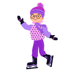 Happy boy skating on Ice. Winter outdoor activity. Child in bright winter clothes. Cartoon kid isolated on a white background. Hand-drawn flat vector illustration.