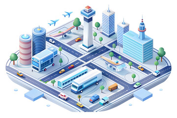 Flat AI Powered Transportation Hub Background - Futuristic Smart Business Concept with AI Traffic Management and Route Displays - High-Tech Logistics Innovation in Vector Illustration